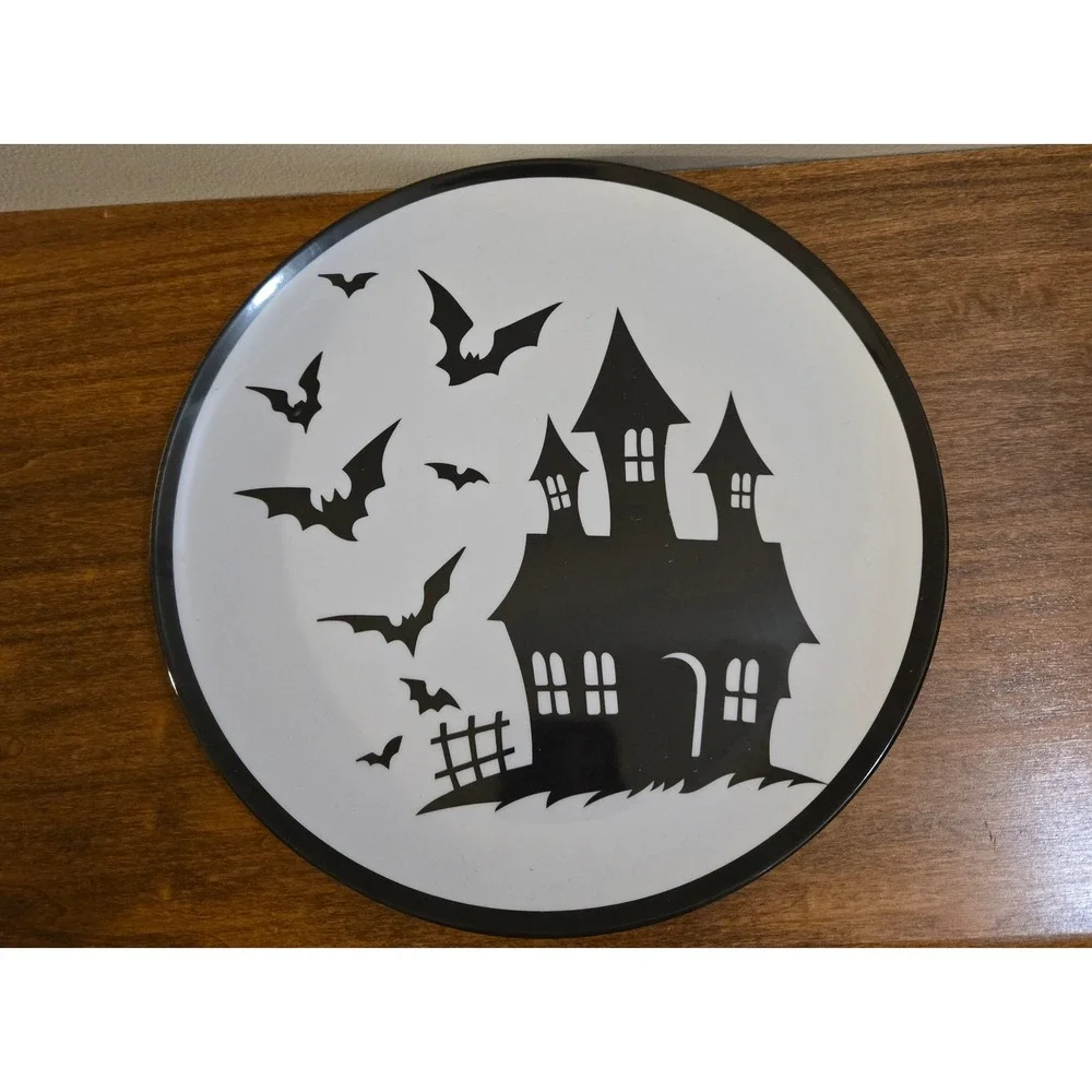 Halloween Melamine Plate Set 8pc Black White Spooky Graphics Witch Haunted House